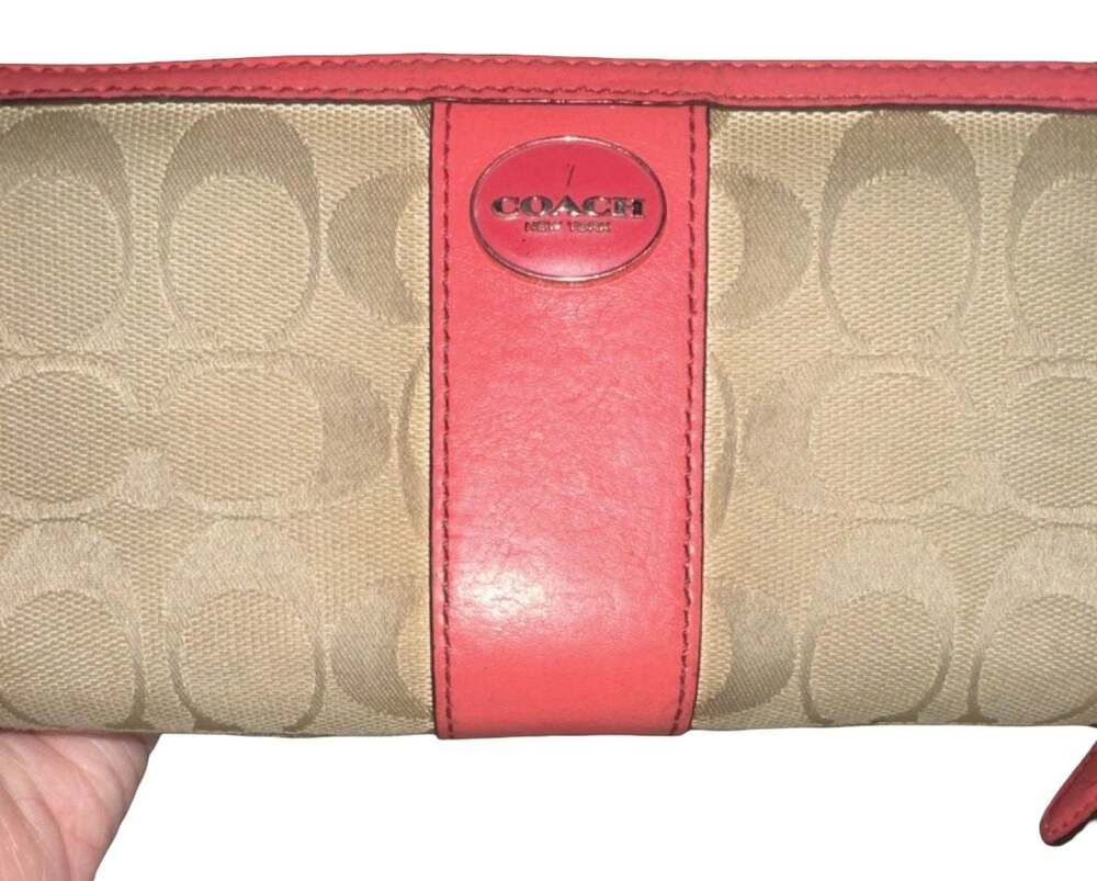 Coach Signature Canvas Accordion Zip Wallet Coral Leather Trim